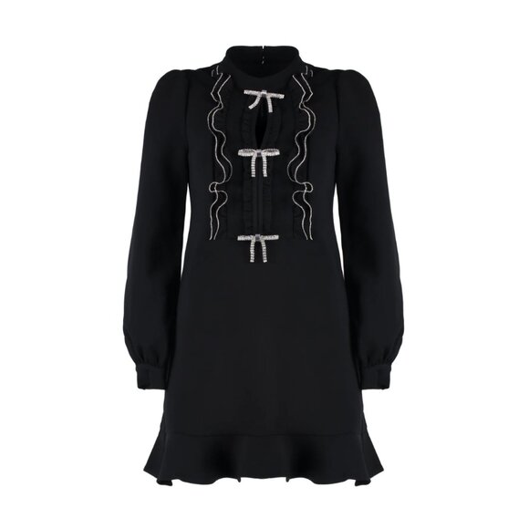 NWT Self-Portrait Ruffled Bib Mini Dress Black Crepe Crystal Trim & Bow Details - Picture 1 of 10